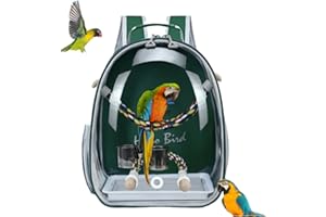 MISYUE Bird Traval Carrier Cage, Multi Vent Holes Clear Space Capsule Astronaut Backpack to Carry Parakeet Cockatiel Parrot with Metal Tray Wood Perch, Vet Transport Book Bag (Green)