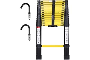 Cecaylie Échelle télescopique de 3,8 m avec 2 crochets amovibles - Échelle télescopique en aluminium - Extensible - Multifonction - Antidérapante - Portable - Charge maximale : 150 kg - Noir