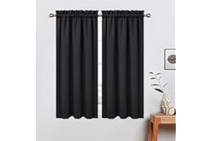 LinTimes Blackout Short Curtains 45 Inches Long for Bathroom Set 2 Panels Rod Pocket Cafe Tier Curtains Light Blocking Blackout Room Darkening Camper Curtains for Small Windows Kitchen Black