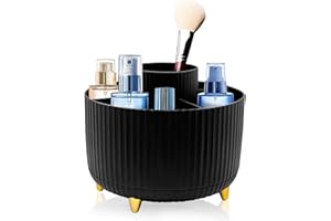 HVIHWI 360° Rotating Makeup Organiser, Make Up Brush Holder with 5 Compartments, makeup storage organiser, Black Makeup Brush Organiser for Bedroom, Bathroom & Office Desk Accessories, Anti Slip Base