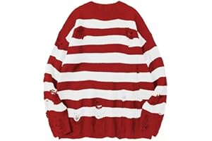 PJRYC Schwarz Gestreift Sweater Sweater Herren Pullover Open Hole Knit Pullover Herren Oversized Sweatshirt Langarm Top (XXL, Rot Weiß)