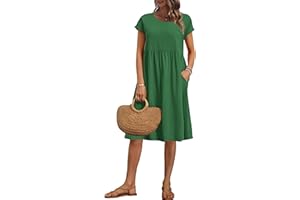 AUSELILY Vestido Verano Manga Corta hasta la Rodilla para Mujer Vestidos Holgado con Cuello Redondo y Bolsillos