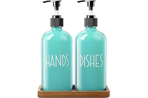 ALELION Turquoise Dish & Hand Soap Dispenser Set - 16 OZ Glass Bottles with Pump & Acacia Wood Tray - Farmhouse Decor & Teal Kitchen Accessories
