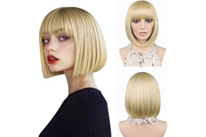 ‎JIAMEISI Blonde Bob-Perücke für Frauen 30cm Kurze Bob-Perücke mit Pony Synthetische Hitzebeständige Faser Farbenfrohe Glatte Bob-Perücke Cosplay-Partys Weihnachten Halloween Tägliche Nutzung (Blond)