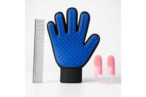 BRUSH & STYLE Set De Cuidado Para Mascotas Guante Removedor De Pelo Con Peine Desenredante Y Dedales De Limpieza Masajeador De Silicona Cinco Dedos Perros Gatos Pelaje Largo Corto Higiene Completa Azul