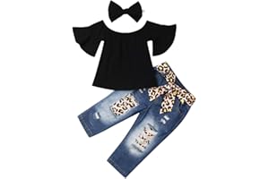 Carolilly 3 Pcs Set Completo Bambina Neonata in Cotone Maglietta Nero + Pantaloni in Denim Jeans Stampa Leopardata con Cintura+Fascia