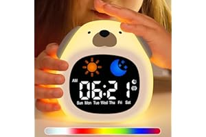 SunnyOcean Kids Alarm Clock with Night Light, Toddler Sleep Trainer Clock with White Noise, Rechargeable Digital Clock for Children, Dog