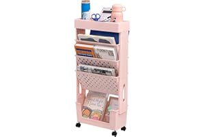 DOEWORKS Libreria Piccolo Scaffale per Libri, Carrello Portaoggetti Libreria con Ruote 5 Livelli Carrello Cucina, Carrello con Ruote per Soggiorno Biblioteca Camera da Letto Ufficio, Rosa