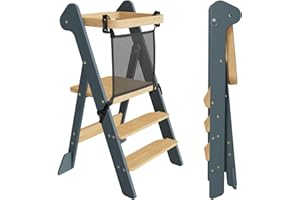 COSYLAND Tour d’Observation Enfant Pliable – If Award, Tour d’Apprentissage Réglable dès 1 an avec Filet de Sécurité, Assistant Cuisine Montessori Bébé (Slate Blue & Natural)