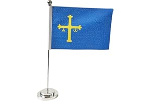PANDIUI23 Bandera de mesa Asturias de escritorio, 21 x 14 cm, mástil y base de acero, banderas de mesa para salas de reuniones (Asturias)