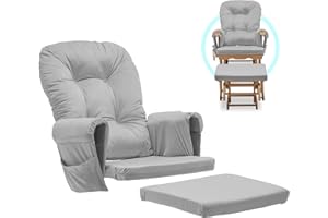 ONPNO Glider Rocker Replacement Cushions Cover Set - 5PCS Thicken Cushions for Nursery Wooden Rocking Chair and Footstool Cushions with Storage Pocket, Washable and Non Slip, Grey