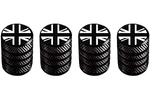 Marcraft Corrosion Resistant (Black) (Laser Engraved Union Jacks) Metal Tyre Wheel Alloy Valve Caps Dust Caps (4 Pack) Universal for Cars, SUVs, Bicycles, Motorcycles, Trucks | Plastic Insert