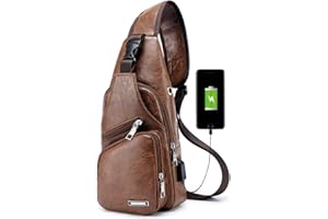 Vohoney Sac de Poitrine Homme Sacoche à Bandoulière Sacs a Dos Porté épaule Travers Sac Rétro en PU Cuir Étanche Bandoulière avec USB Ports, Homme Sac de Poitrine Brown, M, Homme Sac de Poitrine