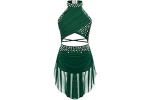 FEESHOW Girls Shiny Ballet Dress for Lyrical Jazz Latin Dance Costume Backless Gymnastics Leotard with Flowy Skirt Dancewear