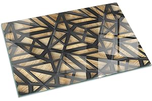 TULUP Verre Trempé pour Cheminée 100x70 cm pour Poêle Rond Résistant à la ChaleurProtecteur de Sol Imprimé Élégant Plaque de Protection Contre Les Étincelles - Géométrie avec Le Bois