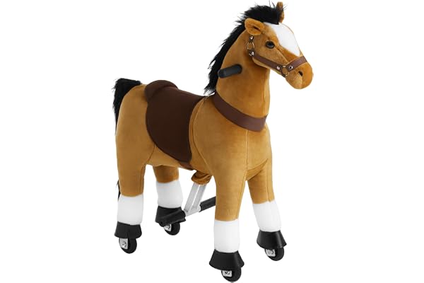 tectake® Cheval à Bascule et à roulettes - Poney Jouet pour Enfant 3-12 Ans (2 Tailles) - Animal à Bascule avec Selle & Harnais - Porteur pour Maison & Extérieur