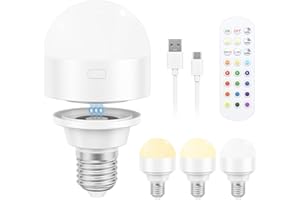 Wanme Rechargeable Light Bulbs with Remote, Battery Operated Light Bulb with Dual Recharging Ways,Dimmer E27 Detachable LED Emergency Light with 12 Colors Optional & 3 Timer,Non-Hardwired (1)