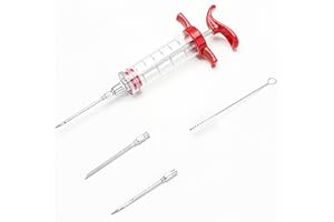FGNUAY Seringue à viande, Seringue alimentaire (3 aiguilles à viande en acier inoxydable + 1 brosse de nettoyage) injecteur de marinade pour Boeuf, Poulet ,pâtisseries, BBQ; capacité de 30 ml / 1 oz, Rouge