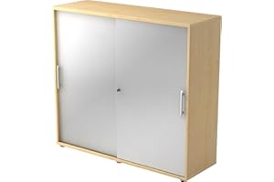 ‎BÜMÖ bümö Schiebetürenschrank 3OH - Aktenschrank abschließbar, Sideboard Schrank mit Schiebetüren in Ahorn/Silber - Büroschrank aus Holz mit Schiebetür, Büro Kommode für Ordner & Co.