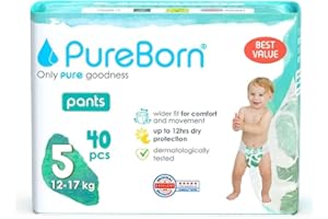 PureBorn Couches-Culottes Premium Pants, Taille 5 (12-17 kg), 40 Culottes Bébé, Protection Supérieure Jour et Nuit, Hypoallergénique, Ultra Douces, Indicateur d'humidité