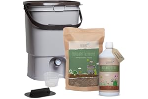 Bokashi Eimer Starterset - Japanisches Design (grau) + Bokashi Ferment + EM aktiv + Bokashi Broschüre