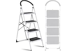 Escabeau à 4 marches BM TOOLS BMT-ESC4-ACIER, Haut. de Travail : 95 cm, se Range Facilement, Marches et Poignées Anti-dérapantes