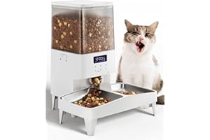 PETEMPO Futterautomat, 5L Katzenfutter Automat, Automatischer Futterspender für 2 Katzen, Hund 2 Näpfe mit Timer, Ton-Aufnahmefunktion, bis zu 6 Mahlzeiten am Tag