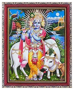KHANNA Krishna with Cow Touching kanha ji feet Photo Frames for Wall Hanging/Gift/Temple/puja Room/Home Decor with Acrylic Sheet (Glass) for Worship (DM Frame, Synthetic Wood)