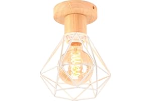 iDEGU Lustre Plafonnier Industriel Métal Bois Suspension Luminaire Style Cage Géométrique Mini Éclairage E27 Lampe de Plafond Vintage pour Couloir Entrée, Blanc, Ø 16cm (Plafond)