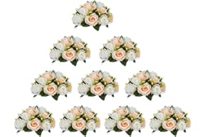 NUPTIO 10 Pièces Fleurs Artificielles, 15 Têtes de Roses Plastique avec Base, Convient au Centre de la Table Mariage Notre Magasin pour Les Fêtes Décoration de Saint Valentin(Champagne&Blanc)