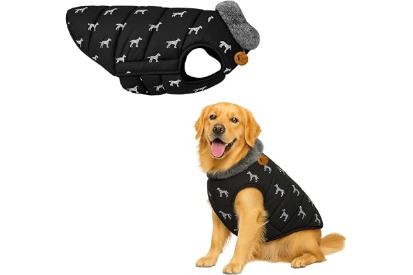 Sage Square Dog Printed Winter Coat with Soft Fur Collar Cold Weather Windproof Jacket Stylish Warm Outfit Adjustable Strap, Cozy Inner Lining Comfortable Fabric Clothing (Small - 14 inch)