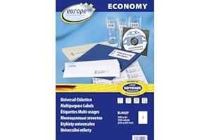 ‎AVERY ZWECKFORM Europe100 Art. ELA027 Universal Etiketten (100 Klebeetiketten, 210x297mm auf A4, Papier matt, individuell bedruckbar, selbstklebende Versandaufkleber, kompatibel zu AVERY 3478) 100 Blatt, weiß