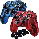YoRHa Water Transfer Printing Camouflage Silicone Cover Skin Case for Microsoft Xbox One X & Xbox One S Controller x 2(red&Bl