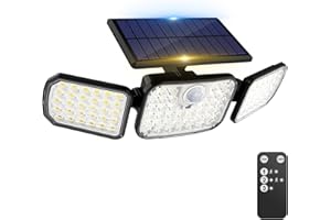 Peasur Solar Security Lights Outdoor Motion Sensor, 3 Modes Solar Powered Flood Light with Remote Control 3 Adjustable Heads, IP65 Waterproof Wall Mount Wireless for Yard Garage Patio Porch