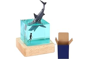 cimsfcor Epoxy Resin Shark Night Light, Night Lamp with Humpback Whale Shark Diving Lamp with Wooden Base for Home Office Decoration (Megalodon)