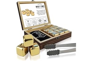 Flow Barware - Set regalo di oro pietre da whisky in acciaio INOX con pinze per ghiaccio e custodia, riutilizzabili in metallo per evitare la diluizione di whisky, rum, brandy, vino e gin drink.