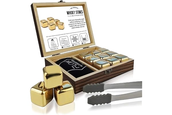FLOW Barware Whisky stenar presentset | Rostfritt stål guld metall isbitar | Whiskystenar med tänger och trälåda, för män drick whisky isbitar i