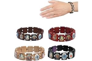 HOSUHO 4 Pcs Wooden Rosary Jesus Bracelet Elastic Stretch Bangle with Pictures of Religious Saints Catholic Holy Gods Goddess Prayer Manifestation Bracelet