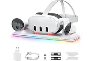 GEEKERA Base de Carga Compatible con Meta Quest 3, Estación de Carga Rápida Aplicable a Oculus Quest 3 y Controladores, Correa Elite, Cargador con Adaptador de 18 W/Luces RGB, Accesorios VR