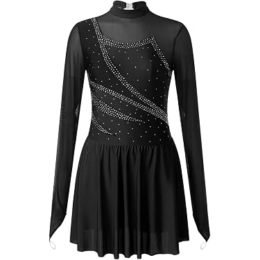XIUWOUG Eiskunstlauf Kleid – Schwarz Mit Strass, Langärmelig Für Frauen & Mädchen (Größen 8 Bis XXL)
