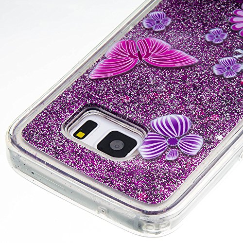 für Samsung Galaxy S7 Hülle,SKYXD Glitzer Flüssig Wasser Kreativ Design Weiche Silikon Gel Gummi [Nicht Hard Case] Brillianter Leichtes Glatt Schutzhülle mit [Handyanhänger + Eingabestifte] Handy Tasche Hülle Etui für Samsung Galaxy S7 Soft Shine Bling Glitter Liquid Water Folie Case Back Cover With Touch Pen Dust Plug – Violett Treibsand Sparkle mit Rosa Schmetterling Muster - 4