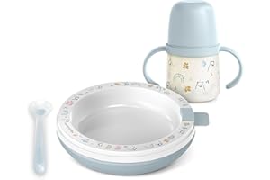 Suavinex, Set pappa calda con Piatto Termico, tiene caldo il cibo: cucchiaio in silicone + tazza con manici e beccuccio in silicone + piatto termico, +6 mesi, My Family Blu