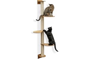 eyepower 175 cm Rascador de Pared Luna con 3 Plataformas de Bambú - Árbol para Gatos con Estanteria - Columna de Sisal Natural - Recorrido de Estantes - Torre Gato Estable - Poste Alto Fijación Mural