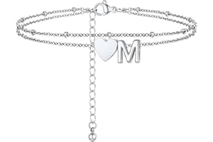 PROSTEEL Women Heart Anklet, A-Z Letter Initial Ankle Bracelet, Adjustable Double-Layer Foot Chain for Beach Summer, Silver/Gold Plated 316L Stainless Steel (with Gift Box)
