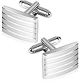 Cncedi Mens Cufflinks, Silver Rectangle Classic Cufflinks Striped Cuff Links