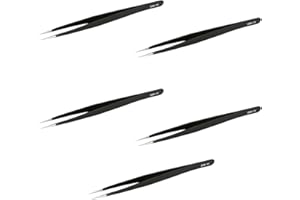 AOJE LINK-ELECTRIC Aoje-Link ESD-11 Professional Anti-Static Precision Technology Tweezers, Non-Magnetic Fine Tip Straight, Stainless Steel Plastic Coated, Full Length 142mm, Black, 5pcs