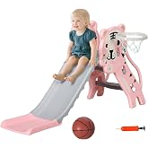 AIYAPLAY Children's Slide 3 in 1 18-36 Months 133x60x70cm Pink and Grey | Kids Slide, 2 Ladders, 1 Basketball Basket, Animal