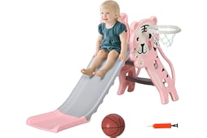 AIYAPLAY Scivolo per Bimbi 18-36 Mesi con Canestro da Basket Laterale, Scivolo in Plastica, 133x60x70 cm, Rosa e Grigio
