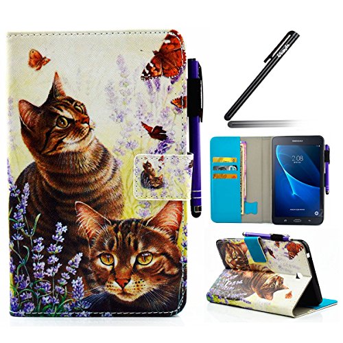 Galaxy Tab 4 7.0 Hülle Case,Galaxy Tab 4 7.0 Ledertasche,Ukayfe Muster Schutzhülle Lederhülle Leder Tasche für Samsung Galaxy Tab 4 7.0,Malerei Katze Lila Blumen Muster Slim Fit Folio PU leder Schutz Etui Schale Flip Cover im Bookstyle Kunstleder Wallet Case Cover Tasche mit Ständer Karteneinschub und Magnetverschluß für Samsung Galaxy Tab 4 7.0 Zoll SM-T230 / T231 / T235 mit 1 x Schwarze Eingabestift