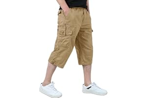 KEFITEVD Cargo Shorts Men Casual 3/4 Length Shorts Cotton Capri Long Short Pants Cropped Trousers with Multi Pockets